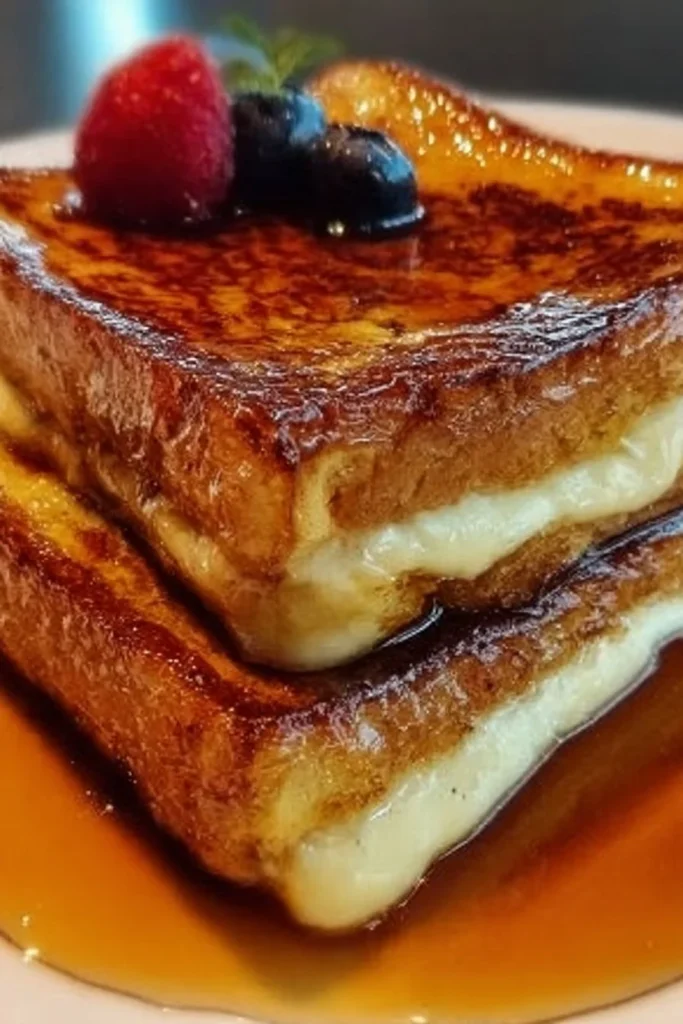 Delicious Overnight Crème Brûlée French Toast served with fresh berries