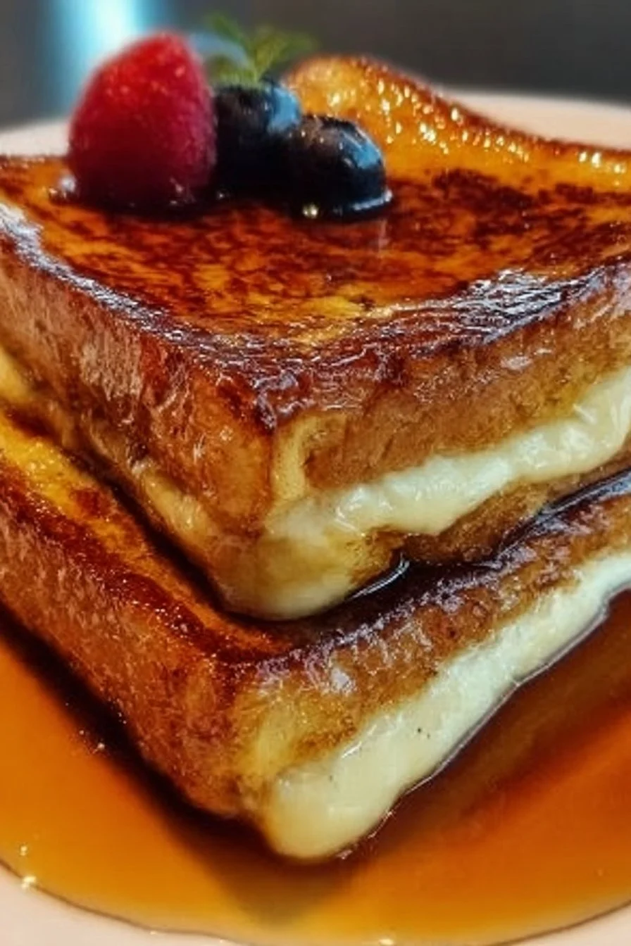 Delicious Overnight Crème Brûlée French Toast served with fresh berries
