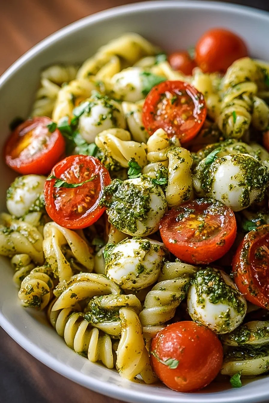 Pesto Caprese Pasta Salad with fresh basil, mozzarella, and cherry tomatoes