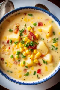 Bowl of creamy Potato Corn Chowder garnished with herbs and served hot