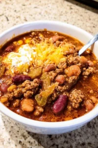 A bowl of delicious quick and easy stove top chili recipe.