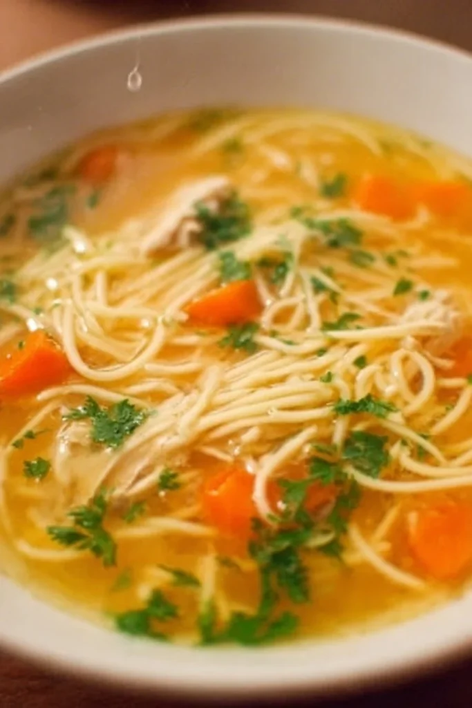 Delicious bowl of Polish Chicken Noodle Soup, or Rosół, with fresh herbs.