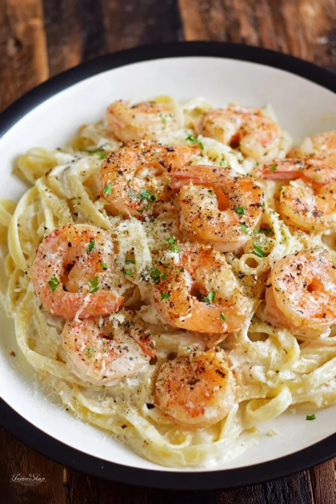 Shrimp Alfredo Recipe 1 Creamy Shrimp Alfredo pasta dish with garnished parsley and grated cheese