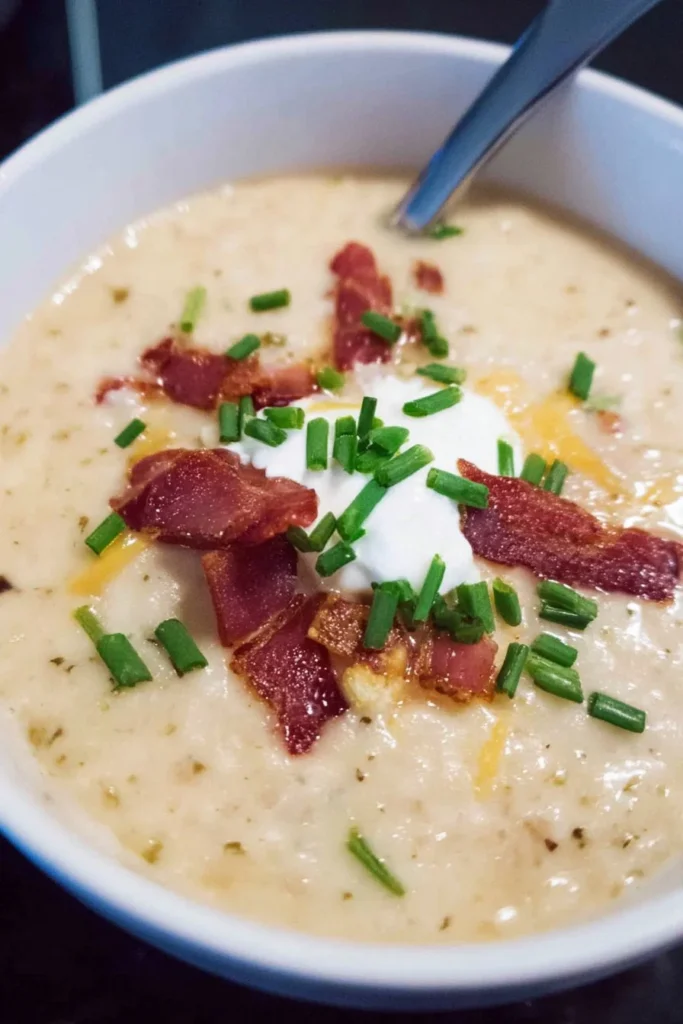 Slow Cooker Baked Potato Soup 1 Delicious slow cooker baked potato soup garnished with chives and bacon.