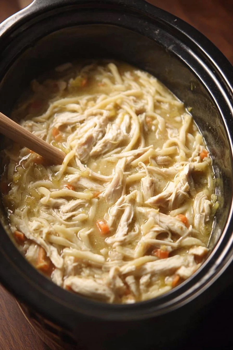 Bowl of slow cooker chicken and noodles served with garnish.