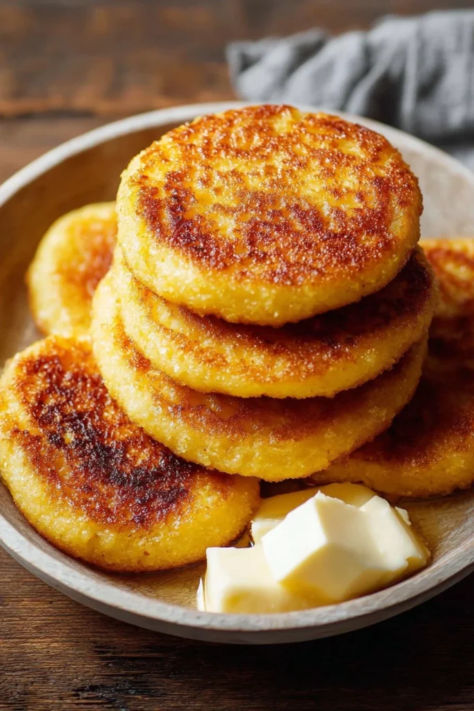 Southern fried cornbread hoecakes on a plate garnished with butter