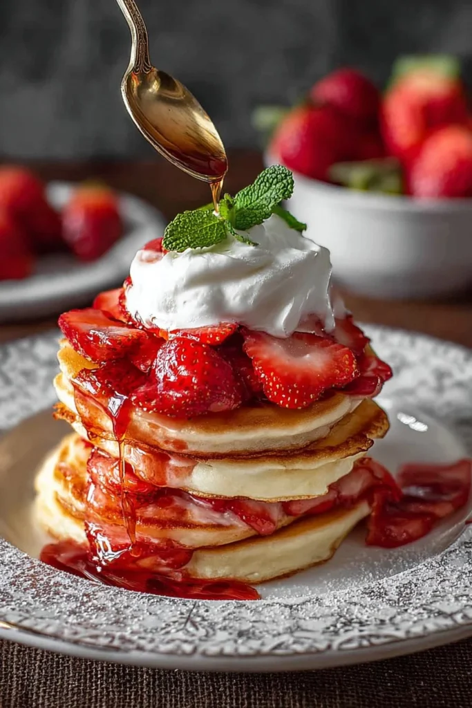 Delicious Strawberry Cheesecake Pancakes topped with fresh strawberries and cream