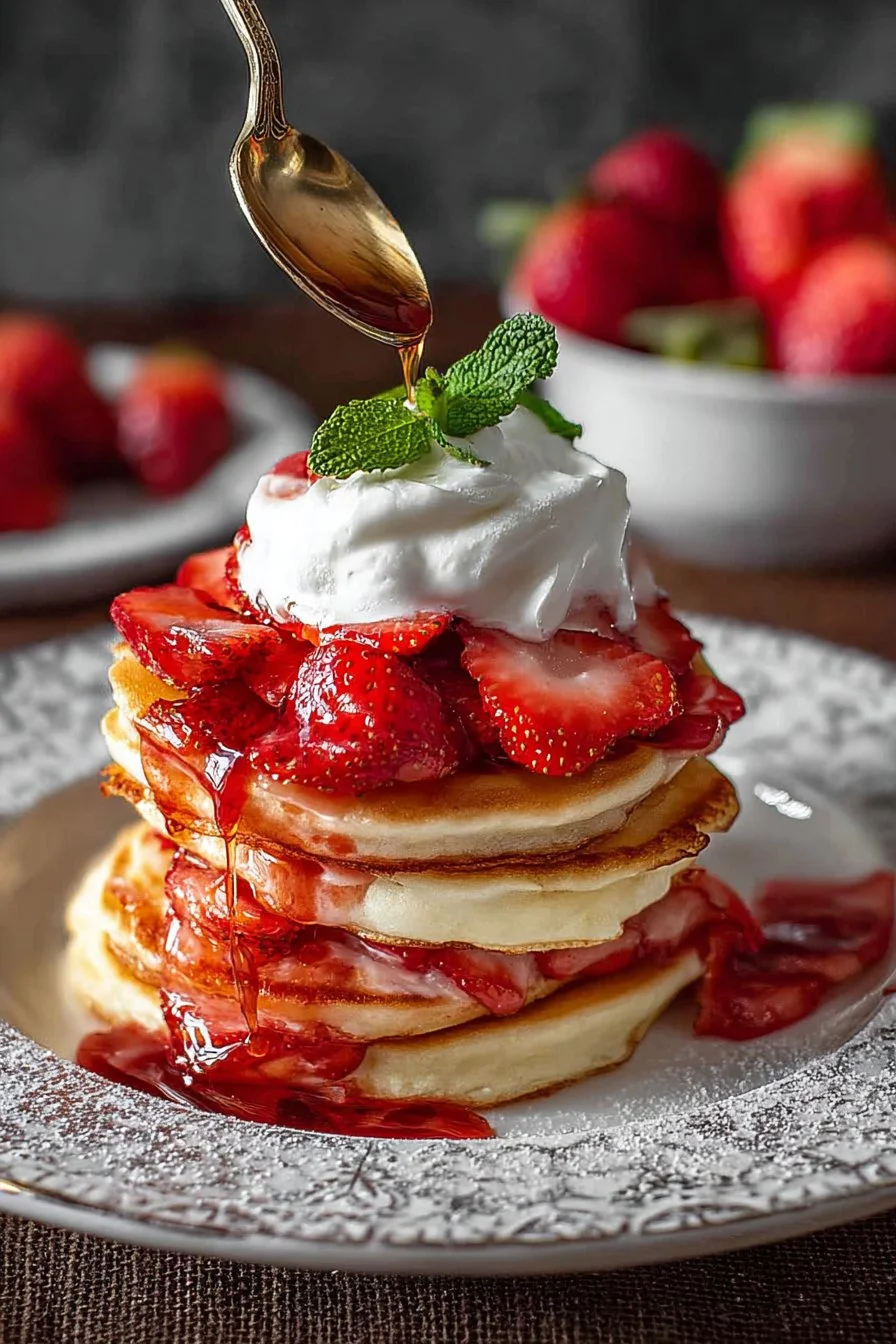 Delicious Strawberry Cheesecake Pancakes topped with fresh strawberries and cream