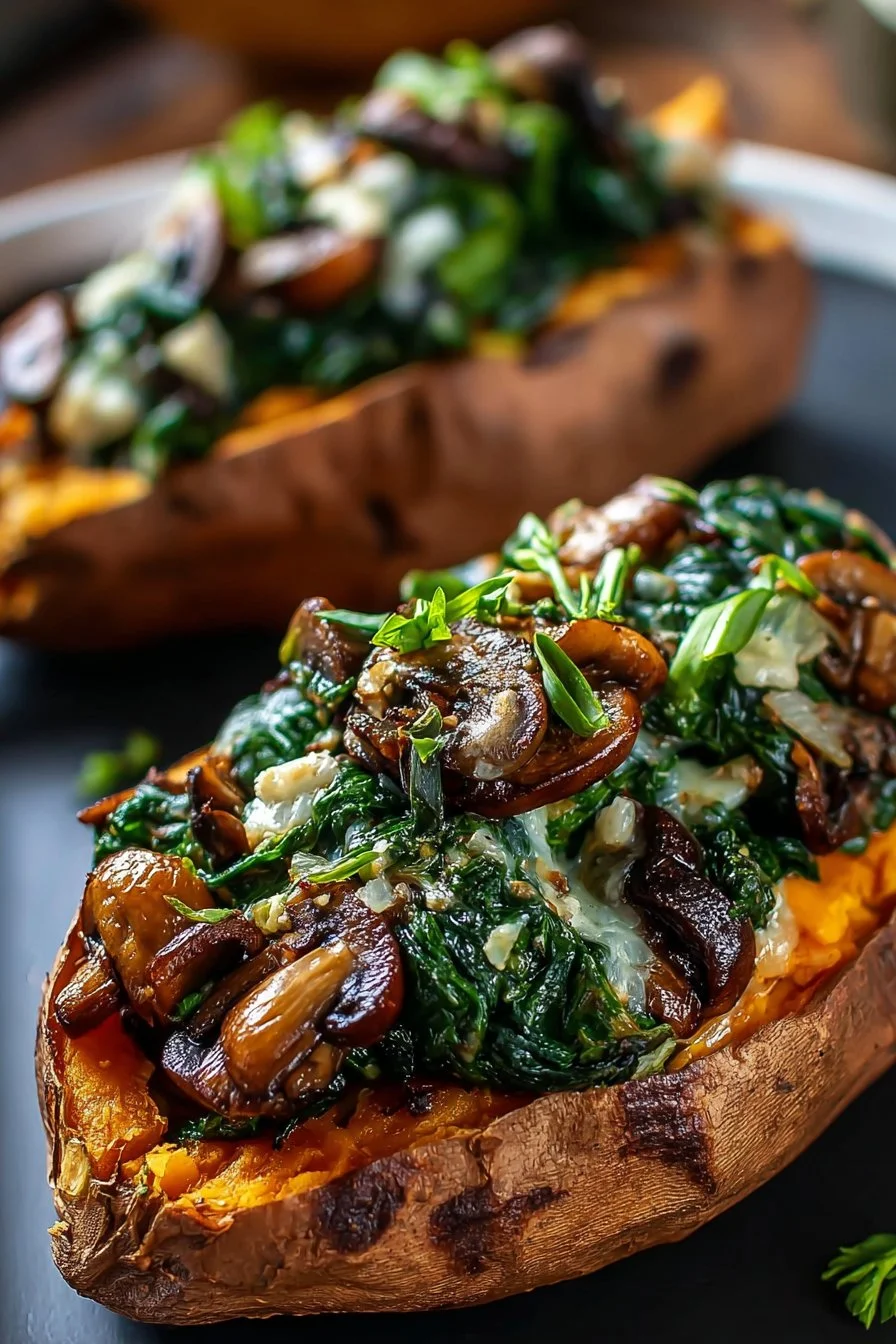 Stuffed sweet potatoes with beef, mushrooms, and spinach on a plate