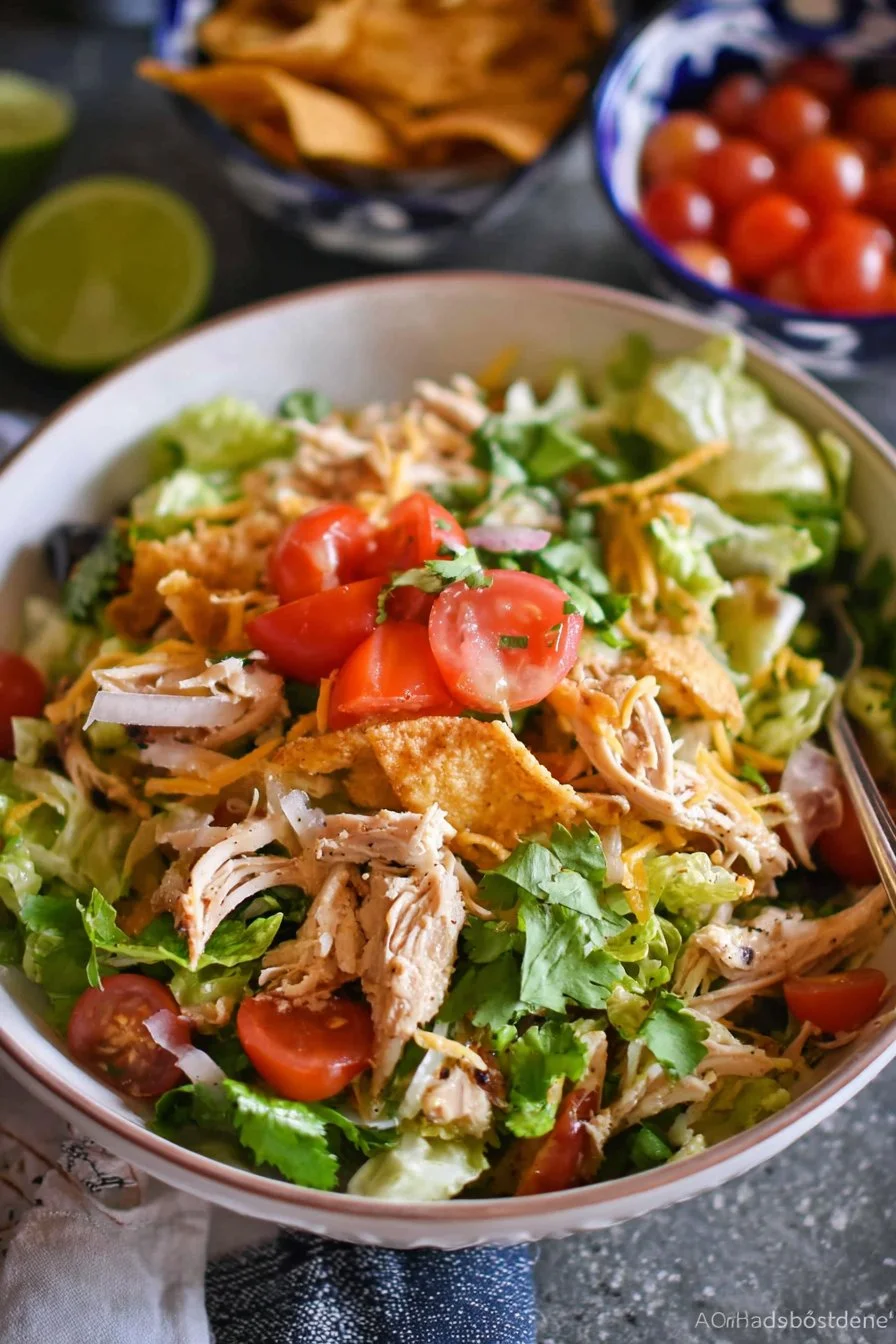 Colorful Taco Chicken Salad with grilled chicken, veggies, and taco seasoning