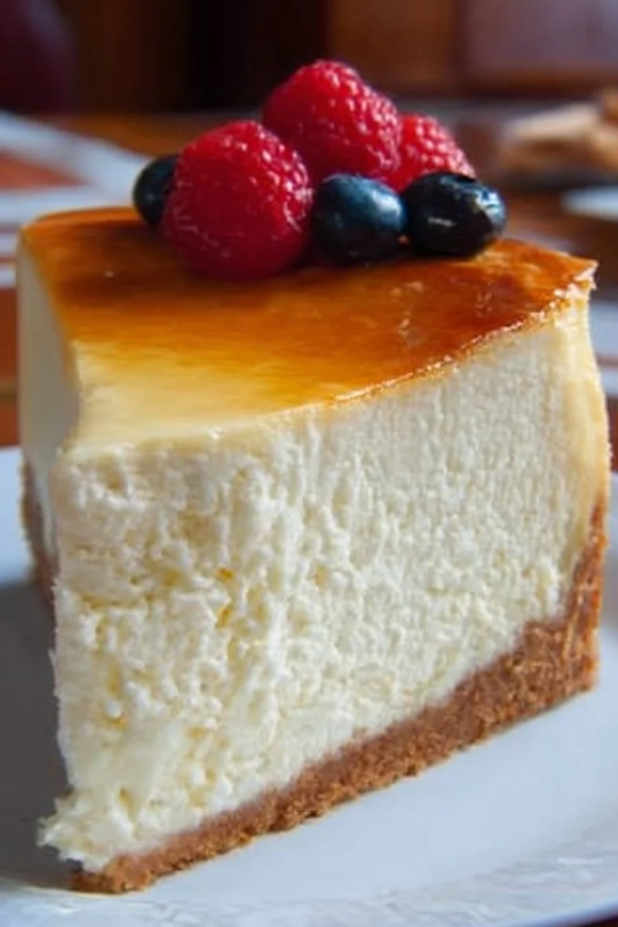 Tall and creamy New York Cheesecake with a buttery crust and luscious filling