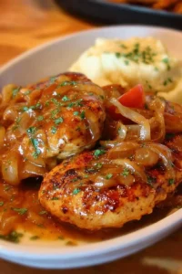 Delicious smothered chicken from Texas Roadhouse served with toppings and sides.