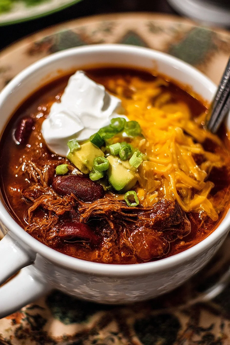 Delicious bowl of Crock-Pot chili topped with cheese and herbs
