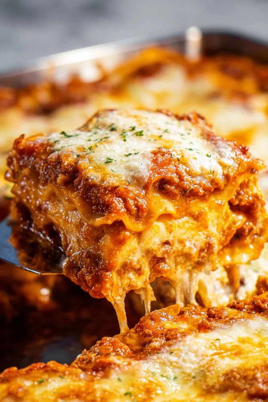 Delicious homemade lasagna with layers of pasta, cheese, and sauce