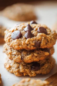 Delicious oatmeal chocolate chip cookies on a wooden table