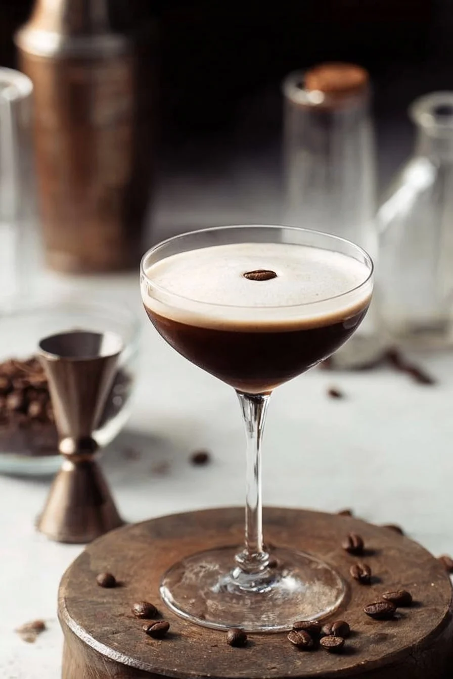 Classic Original Espresso Martini topped with coffee beans in a stylish glass.