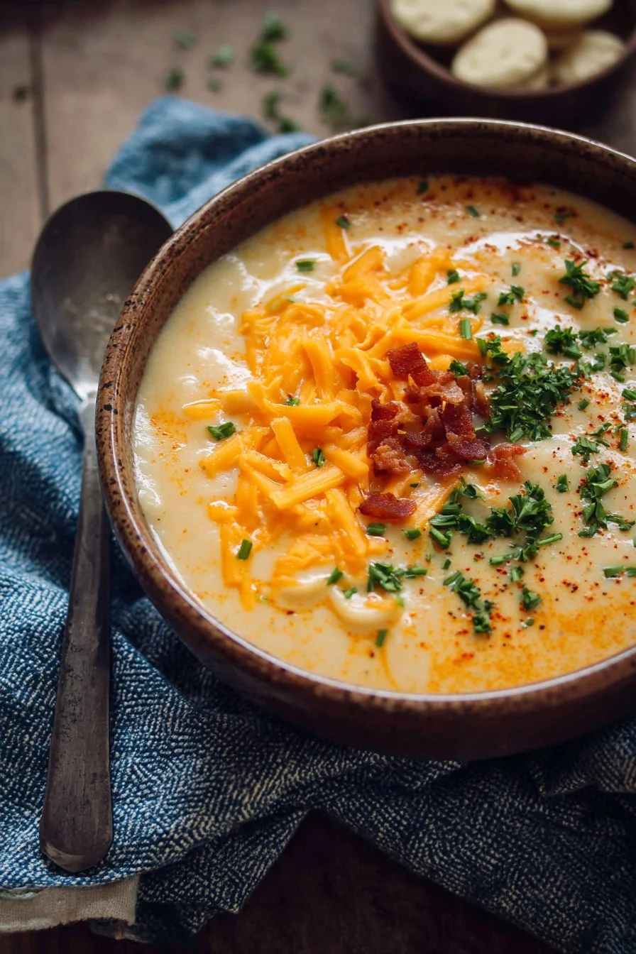 Bowl of thick, creamy gluten-free potato soup garnished with herbs.