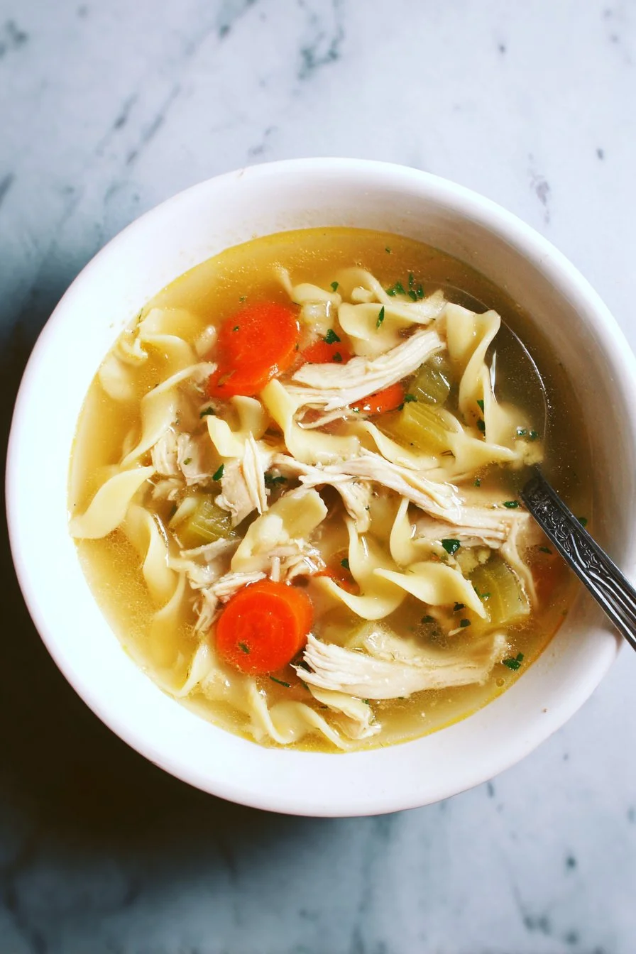 Bowl of homemade turkey noodle soup garnished with herbs and noodles.