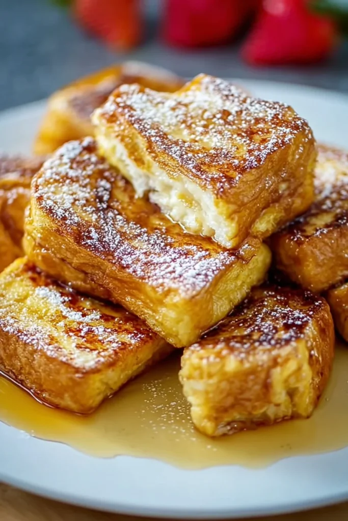 Delicious Hawaiian Roll French Toast served with syrup and fresh fruit