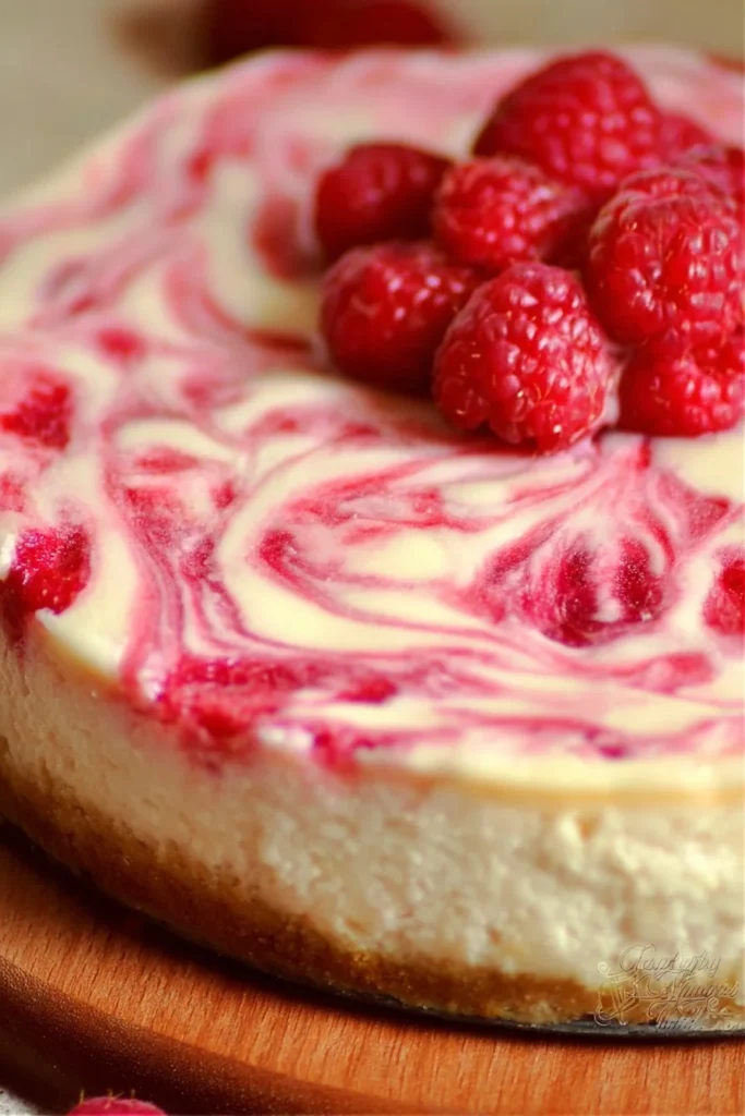 Delicious White Chocolate Raspberry Swirl Cheesecake topped with fresh raspberries.
