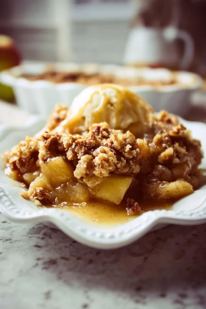 Delicious homemade Apple Crisp dessert with baked apples and crunchy topping