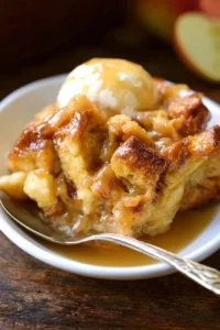 Delicious apple pie bread pudding served in a bowl with whipped cream on top.