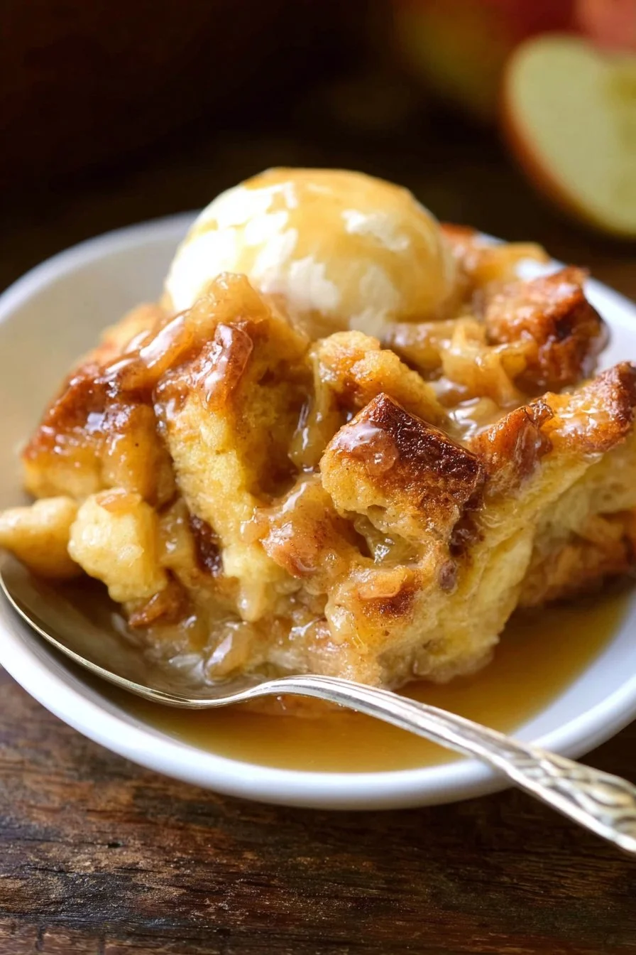 Delicious apple pie bread pudding served in a bowl with whipped cream on top.