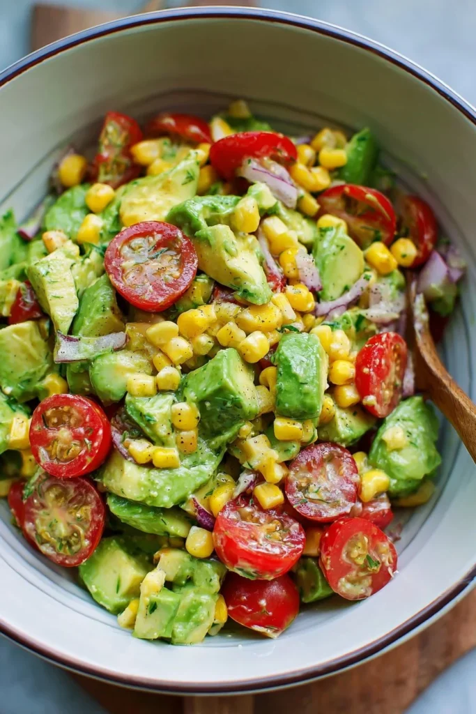 Delicious avocado corn salad with fresh ingredients in a bowl