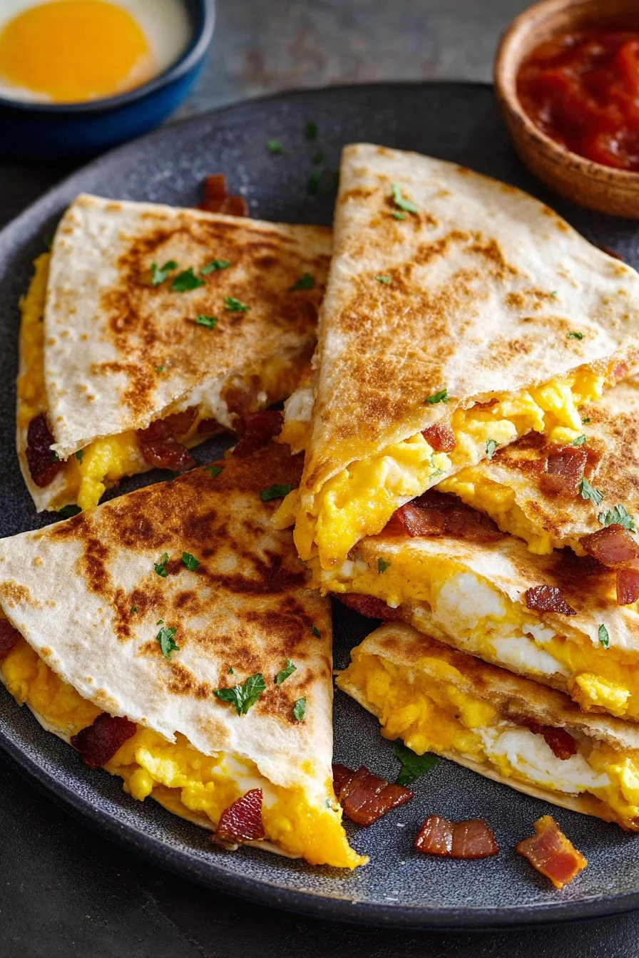 Delicious Bacon Egg Cheese Quesadilla served on a plate