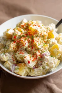 Bowl of the best ever homemade potato salad with fresh herbs and spices