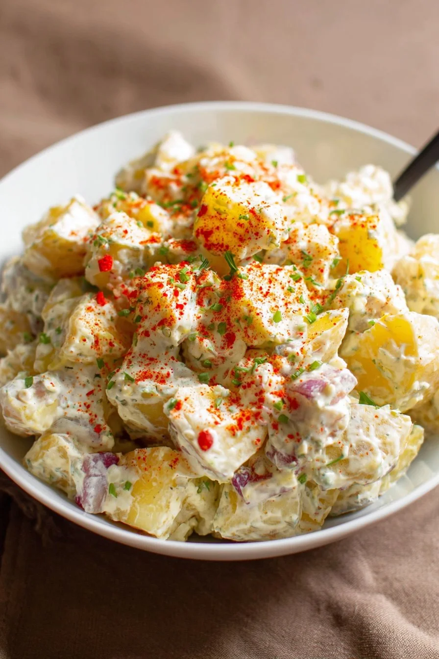 Bowl of the best ever homemade potato salad with fresh herbs and spices