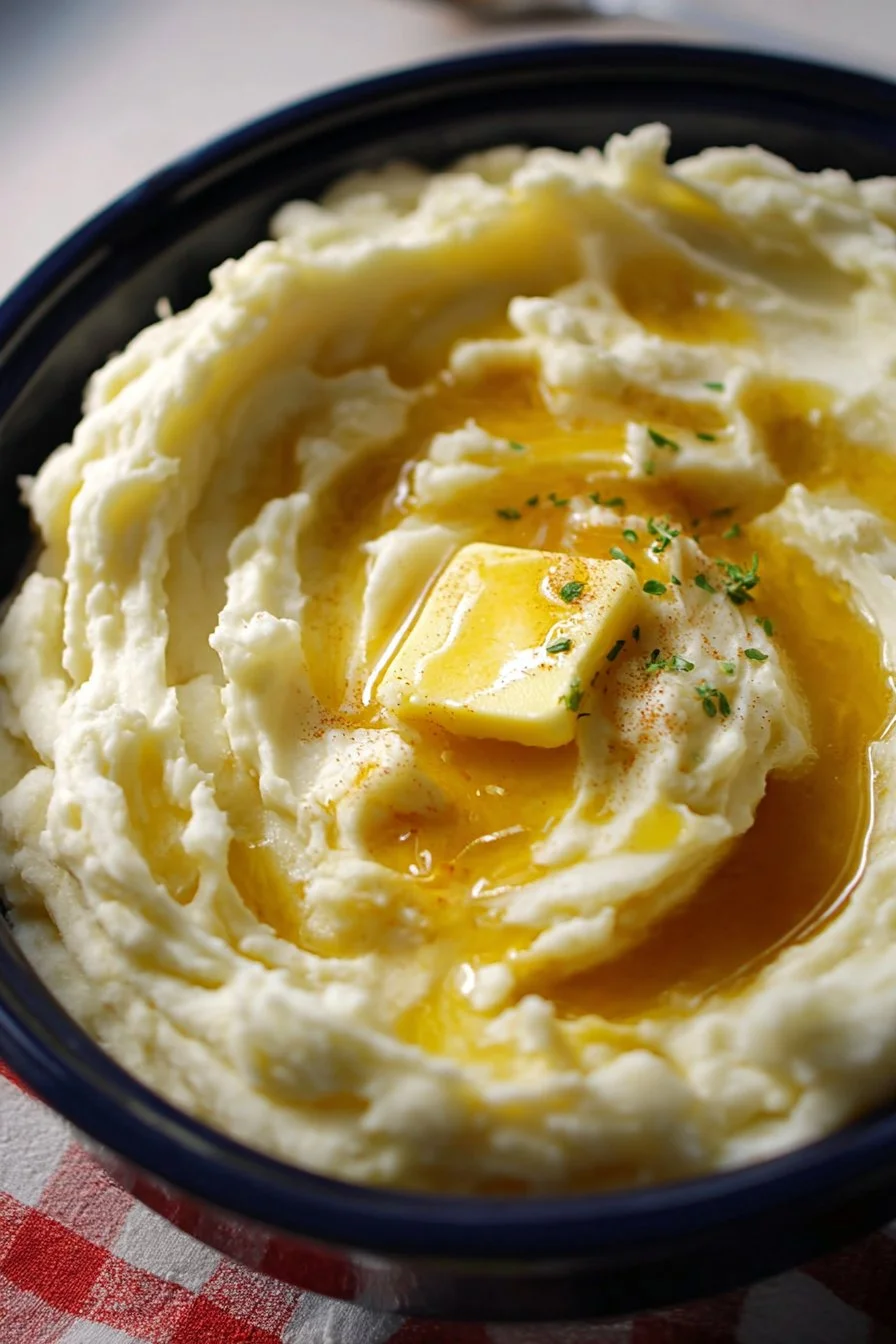 Delicious brown butter mashed potatoes served in a bowl with herbs