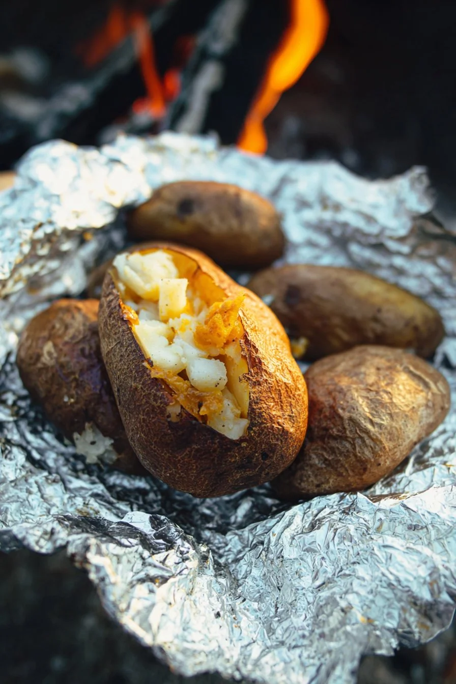 Campfire baked potatoes wrapped in foil cooking over an open flame