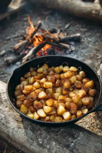 Campfire breakfast potatoes cooked over an open fire for a hearty outdoor meal
