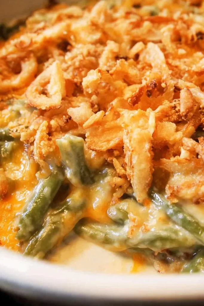 Cheesy green bean casserole topped with crispy onions in a baking dish