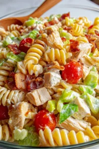 Delicious Chicken Club Pasta Salad with grilled chicken, bacon, and vegetables.