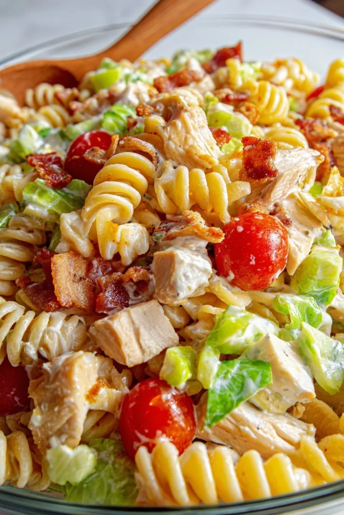 Delicious Chicken Club Pasta Salad with grilled chicken, bacon, and vegetables.