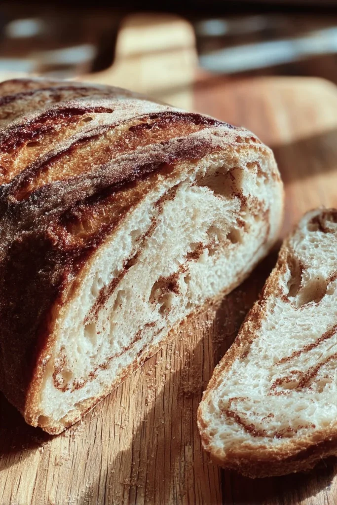 Freshly baked cinnamon sugar sourdough bread with a golden crust and sweet aroma.