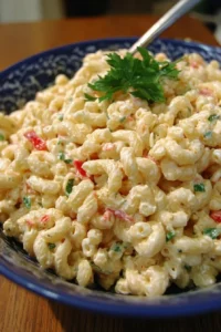 Bowl of classic macaroni salad with a colorful mix of vegetables