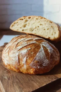 Freshly baked classic sourdough bread on a wooden table