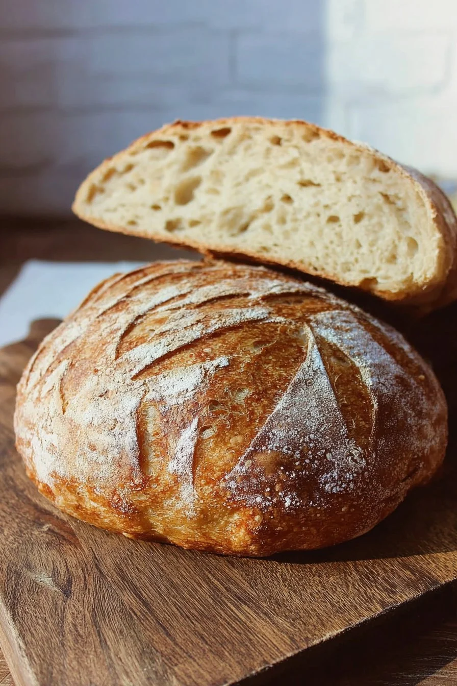 Freshly baked classic sourdough bread on a wooden table