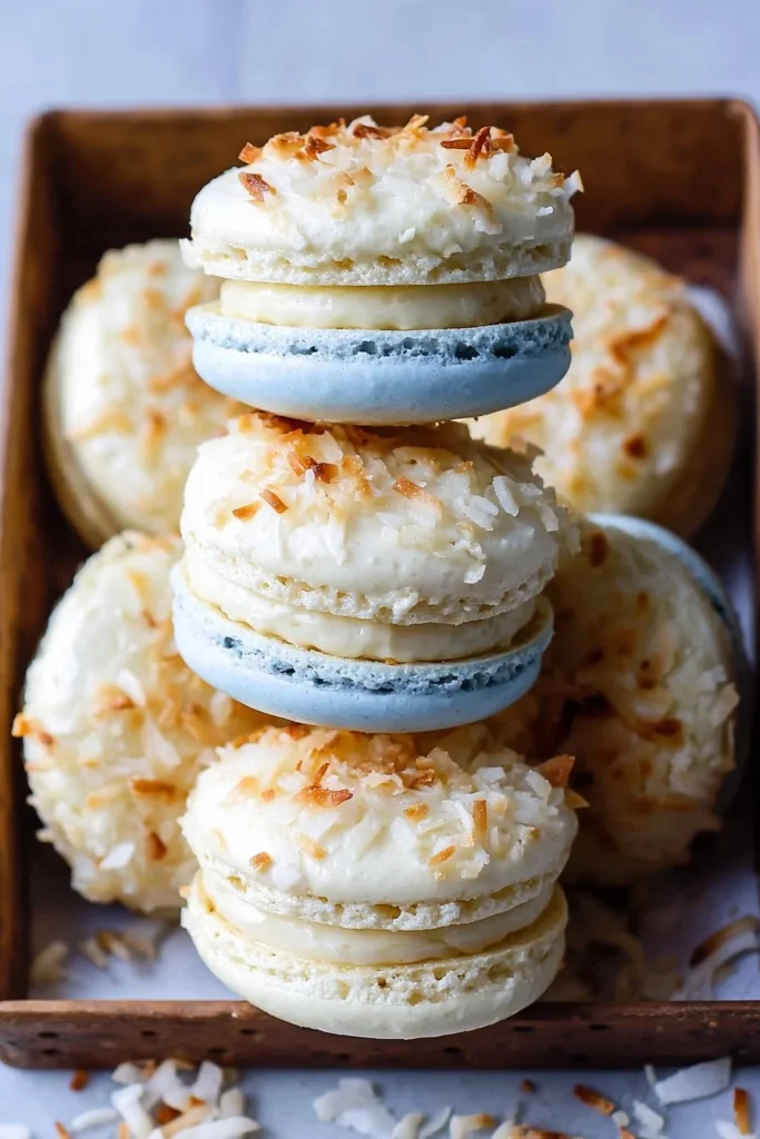 Coconut Macarons on a decorative plate, showcasing their chewy texture and coconut flavor.