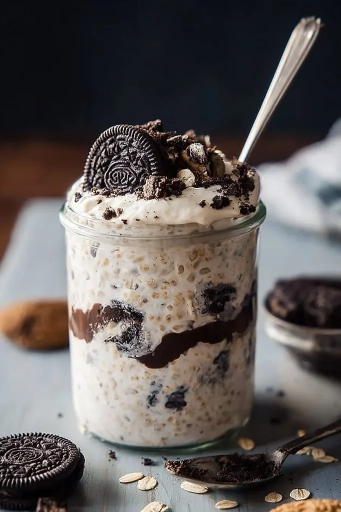 Bowl of Cookies and Cream Overnight Oats topped with cookie crumbs and cream.