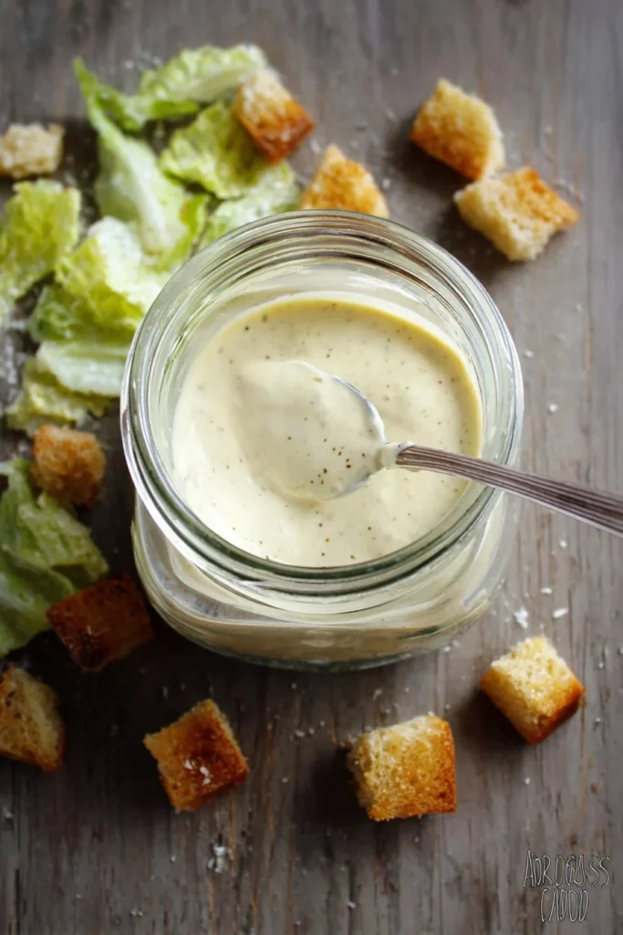 Homemade creamy Caesar dressing in a bowl with fresh ingredients