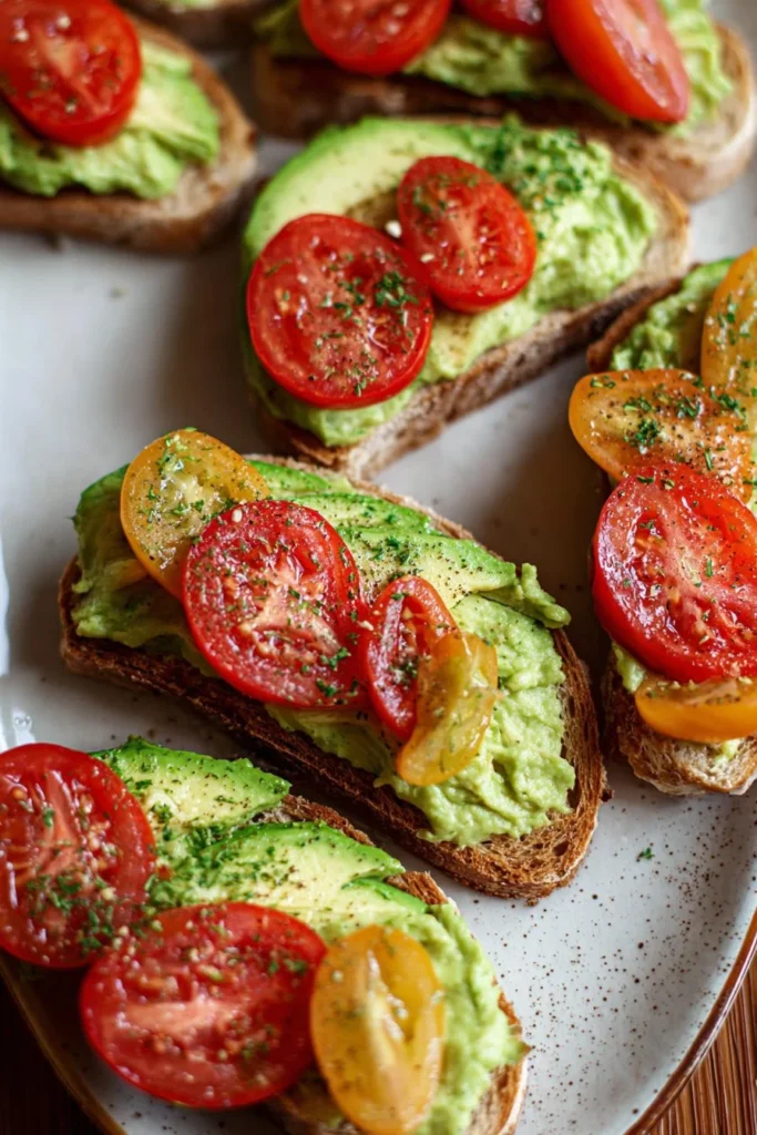 Creamy garlic tomato avocado toast served on a white plate with fresh herbs