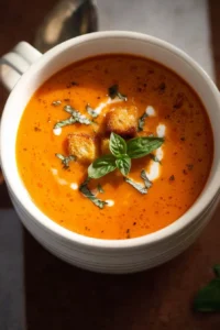 Bowl of creamy tomato basil soup topped with fresh basil leaves