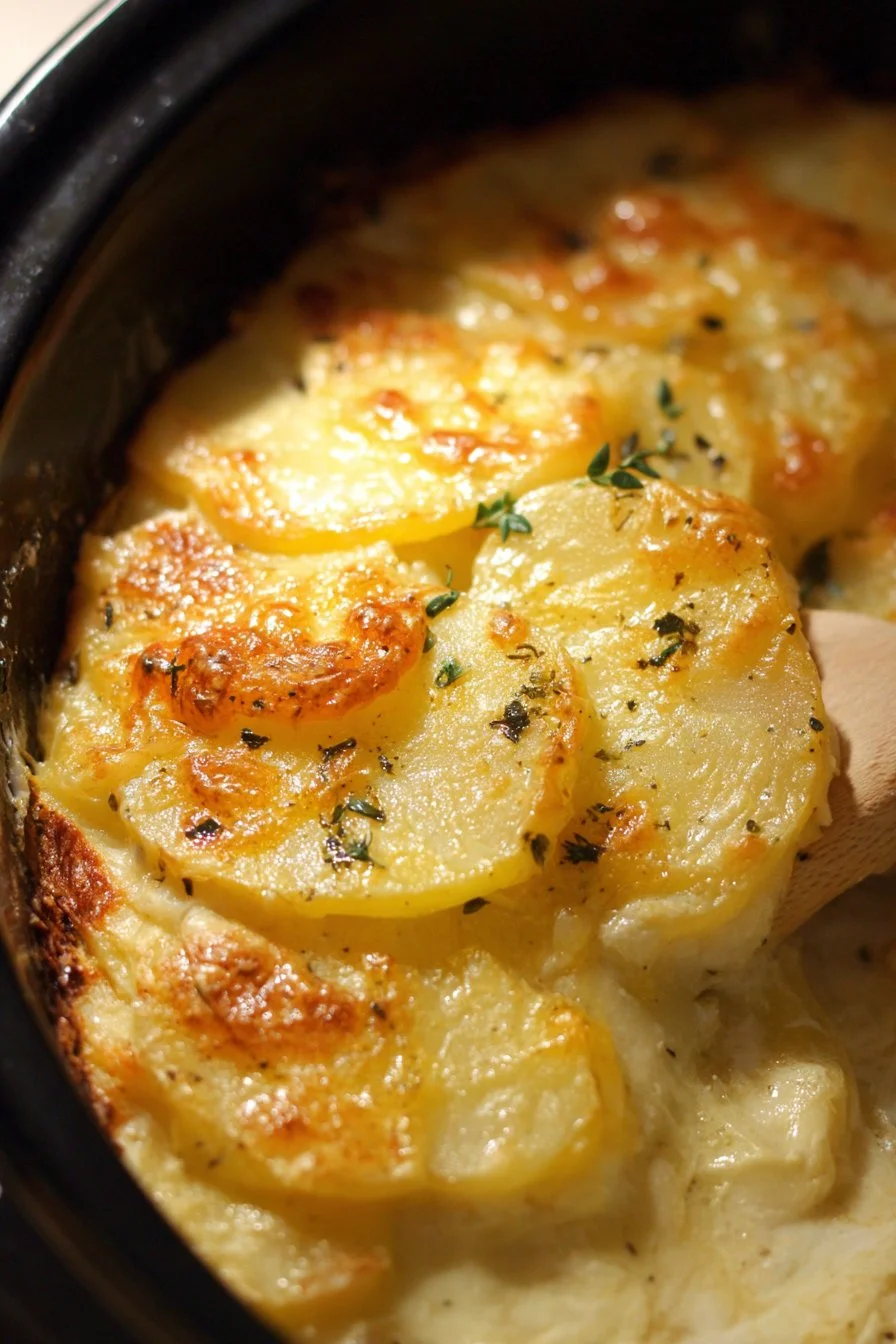 Deliciously creamy Crock Pot Scalloped Potatoes served in a bowl