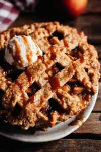 Delicious Dutch Caramel Apple Pie with caramel drizzle and apple filling