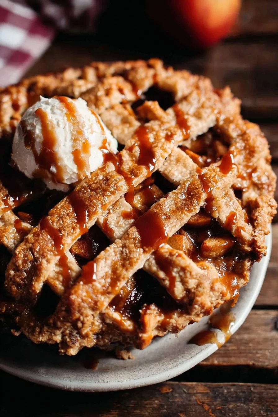 Delicious Dutch Caramel Apple Pie with caramel drizzle and apple filling