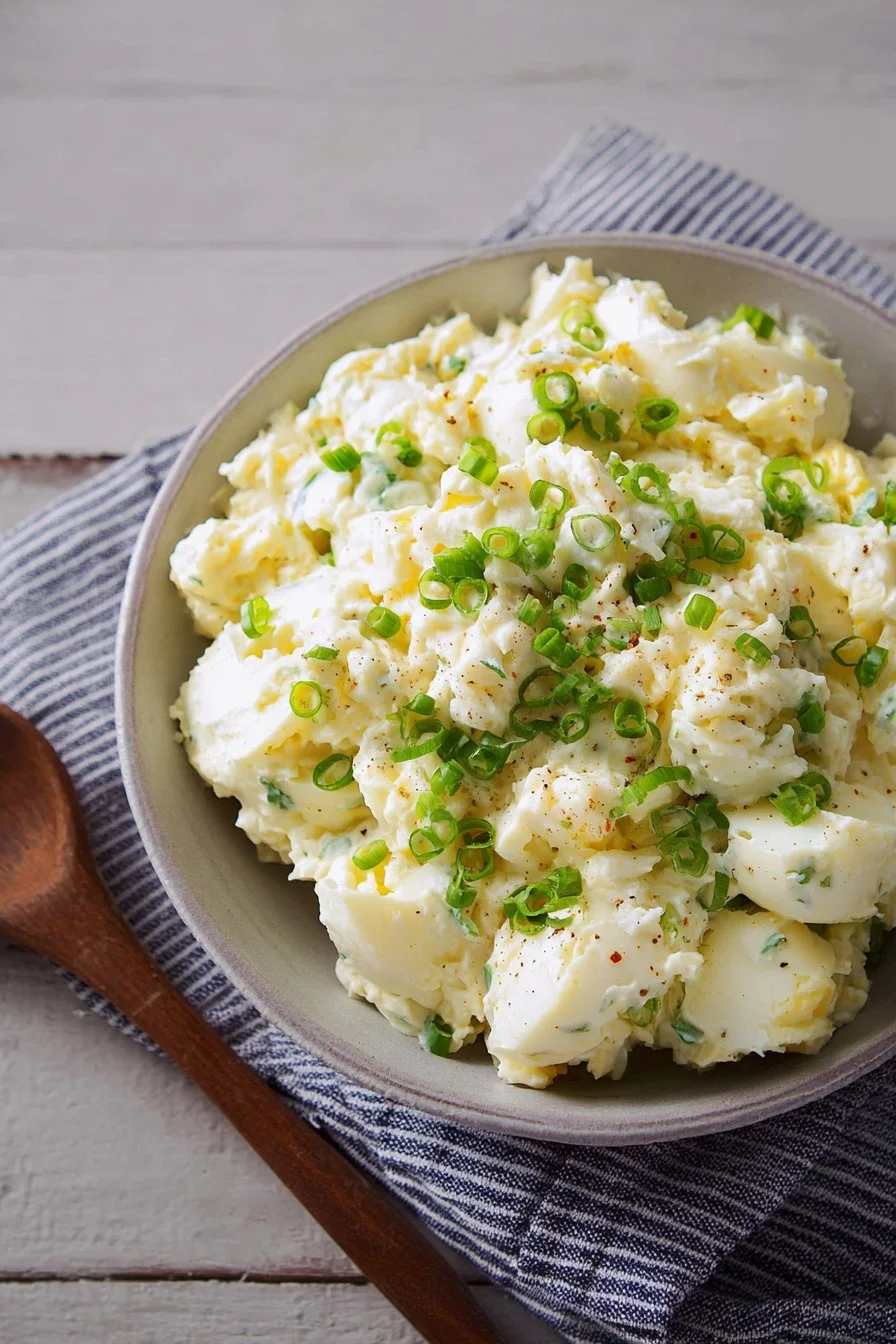 Bowl of easy creamy potato salad with herbs and spices